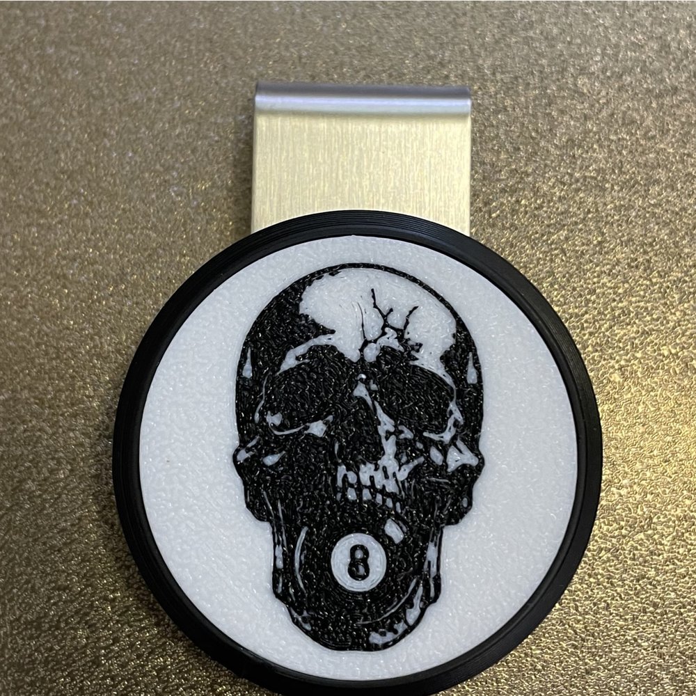 Skull with 8 Ball printed on a magnetic chalk holder base
