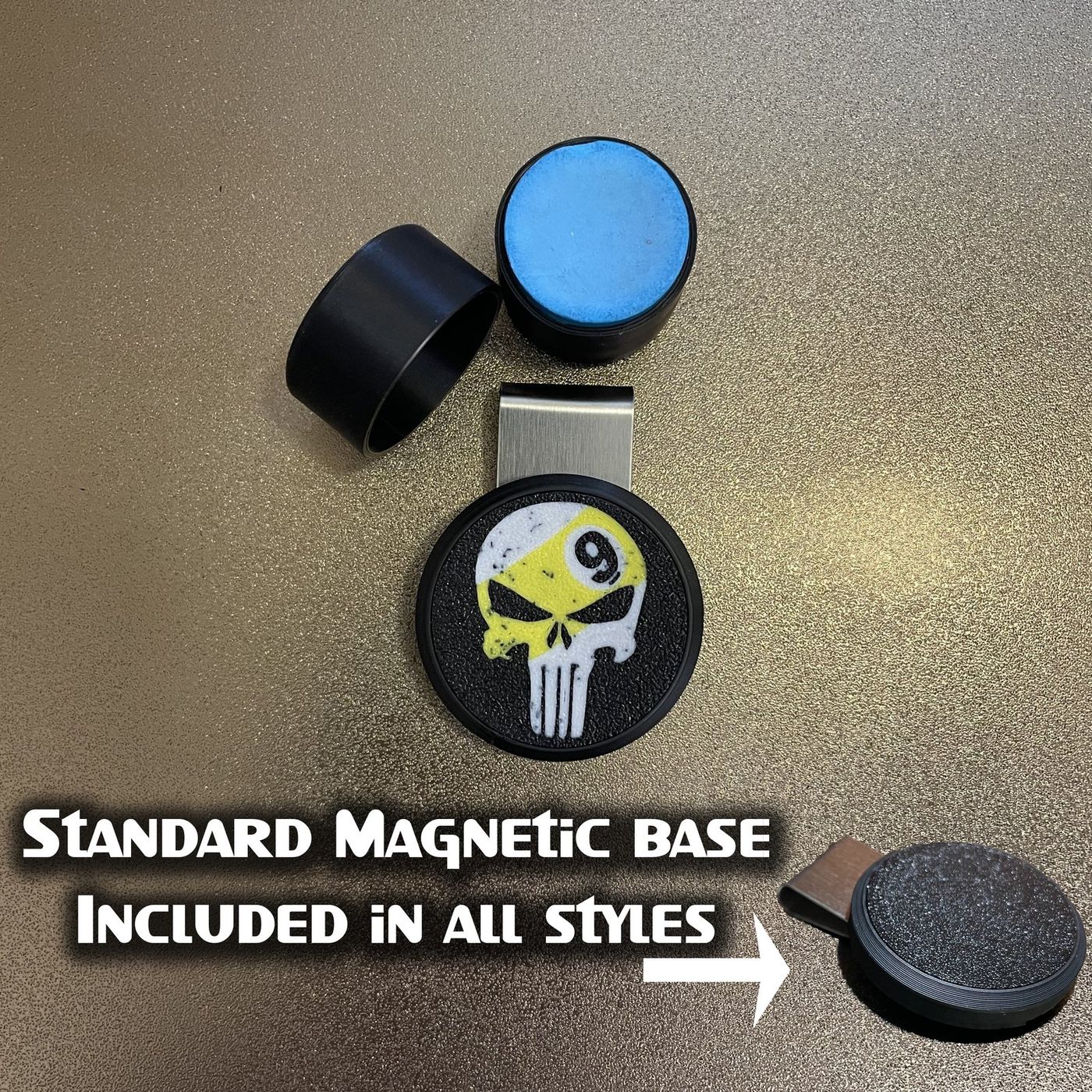 Magnetic chalk holder with printed base, cup and chalk, magnetic base included in all styles